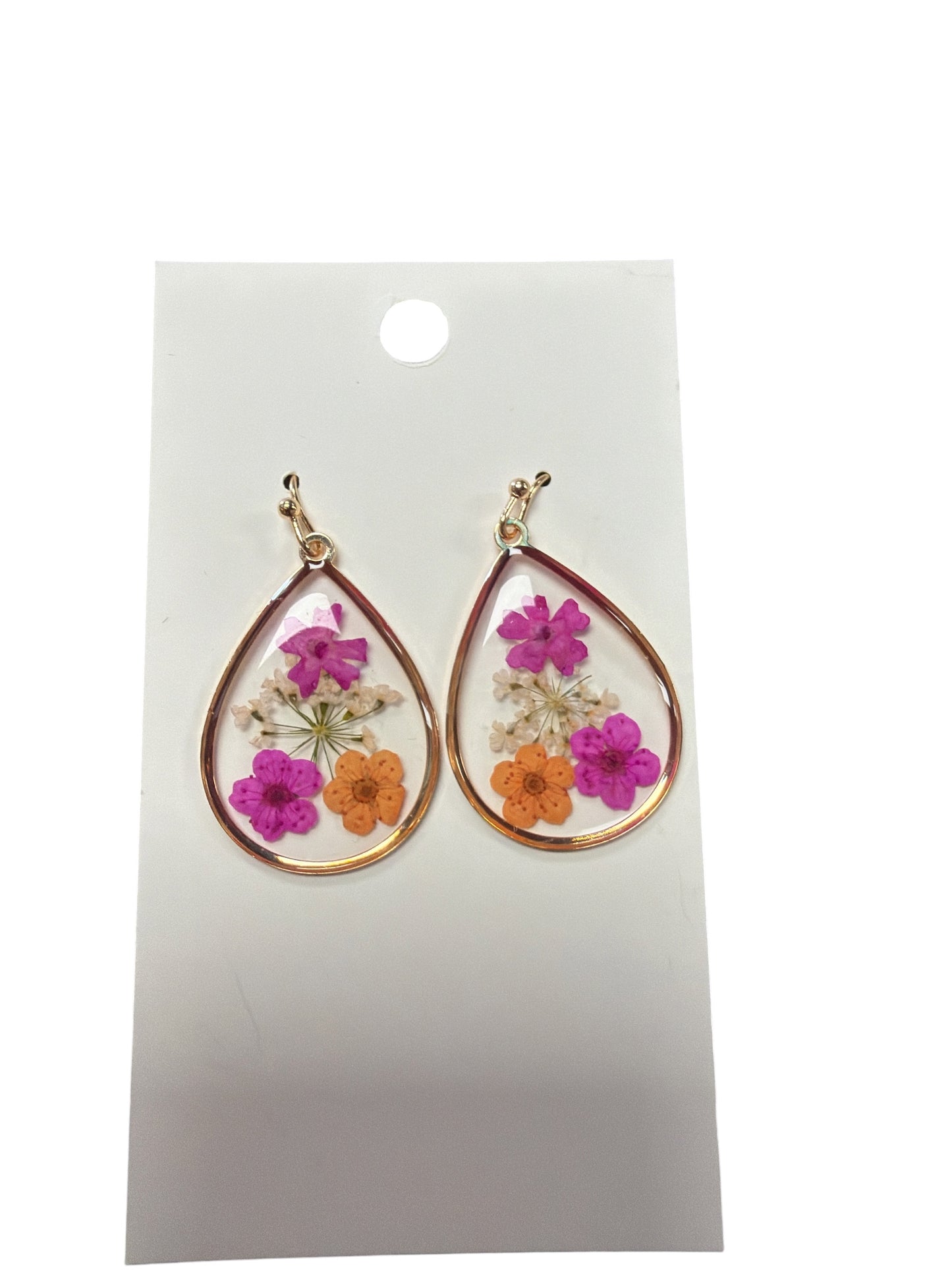 Tear Drop Purple and Orange Pressed Flower Earring