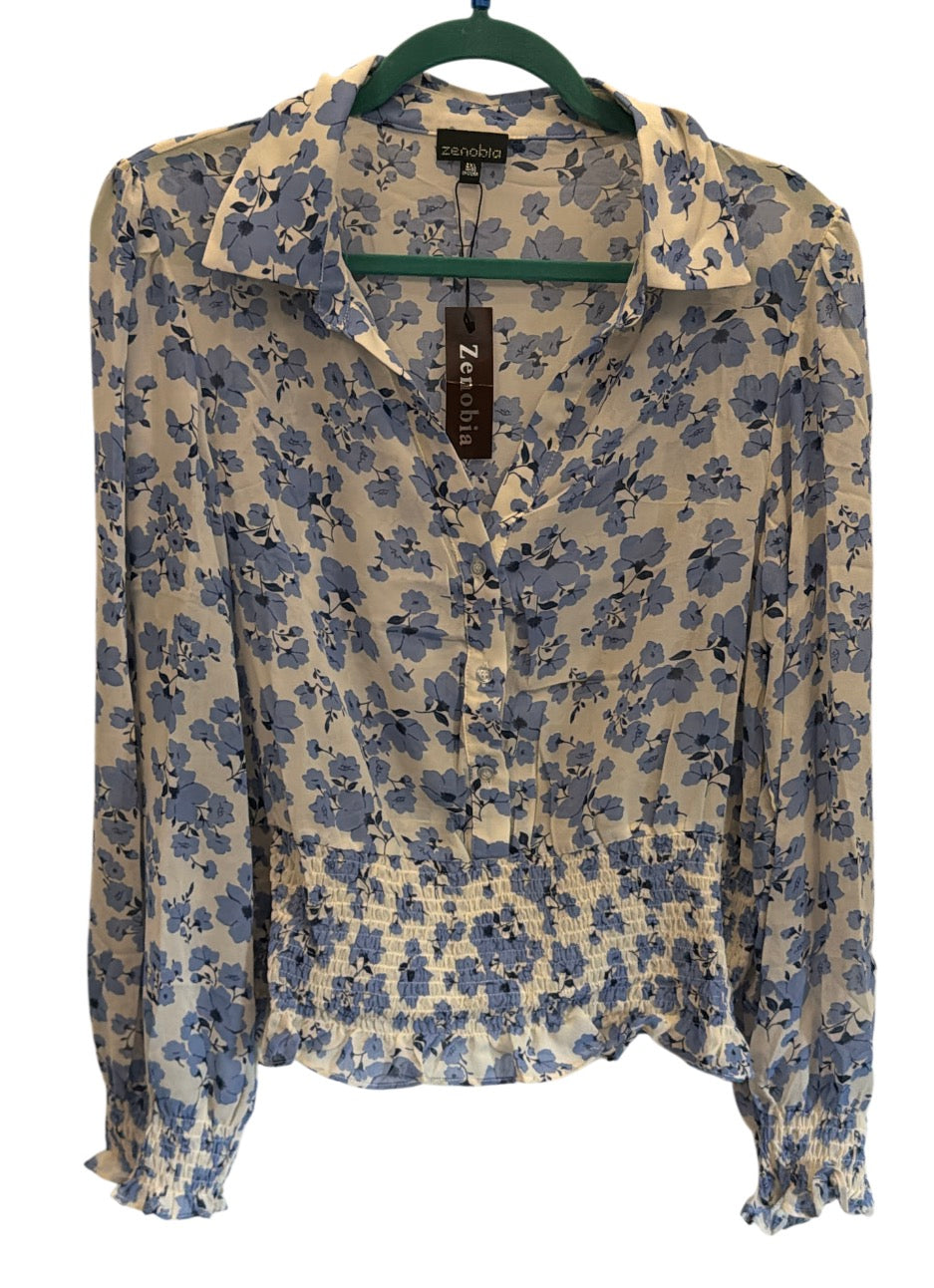 Sheer Blue Floral Smocked Top