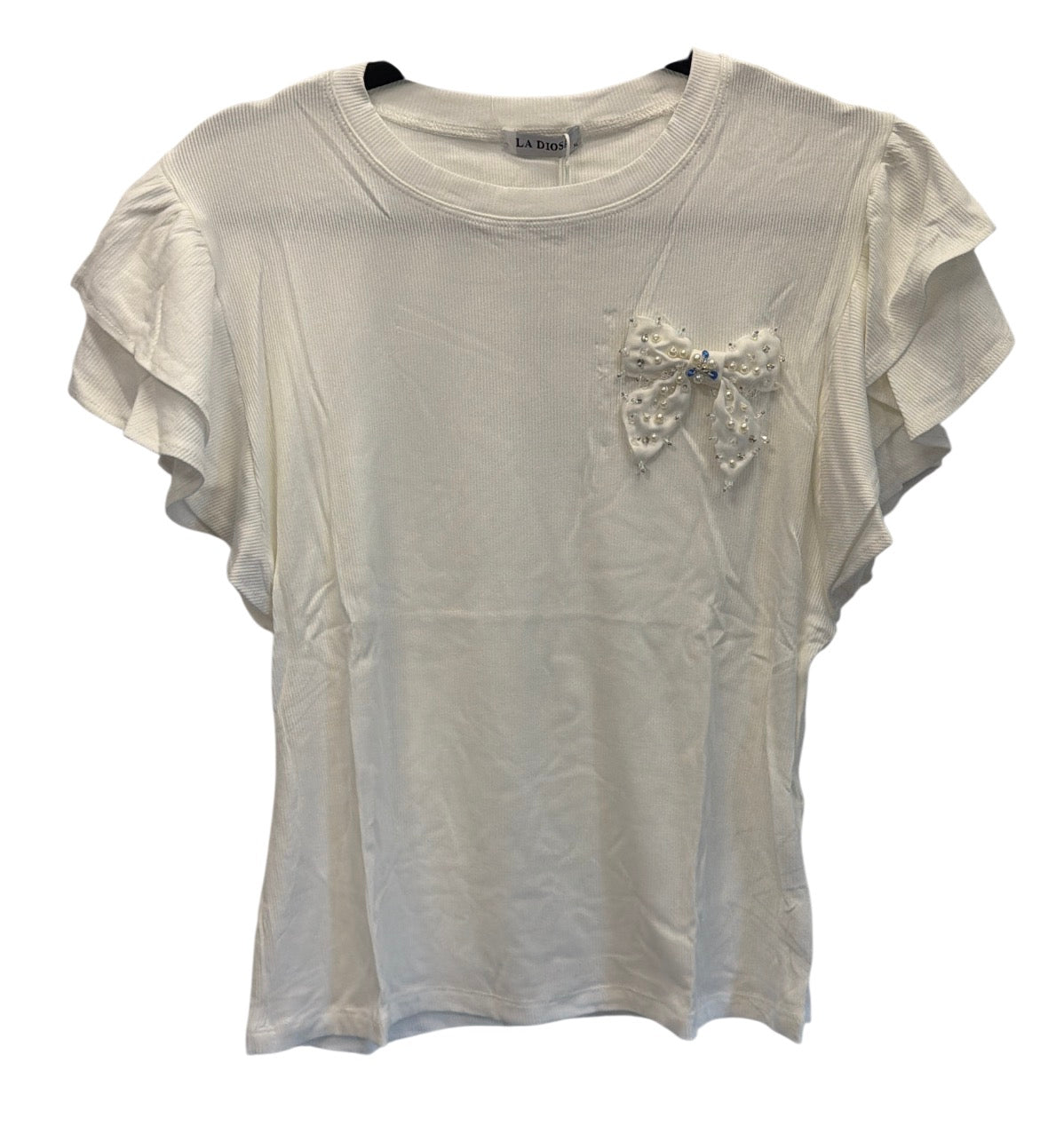 Bow Pearl Ruffle Sleeve Top