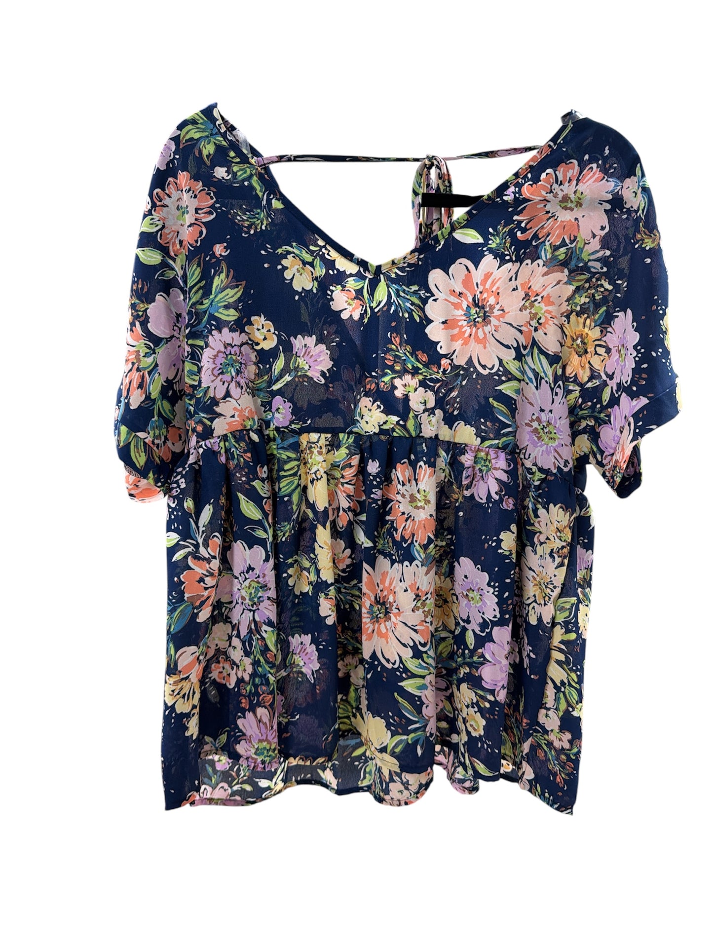 Blue Floral Tie Neck Top