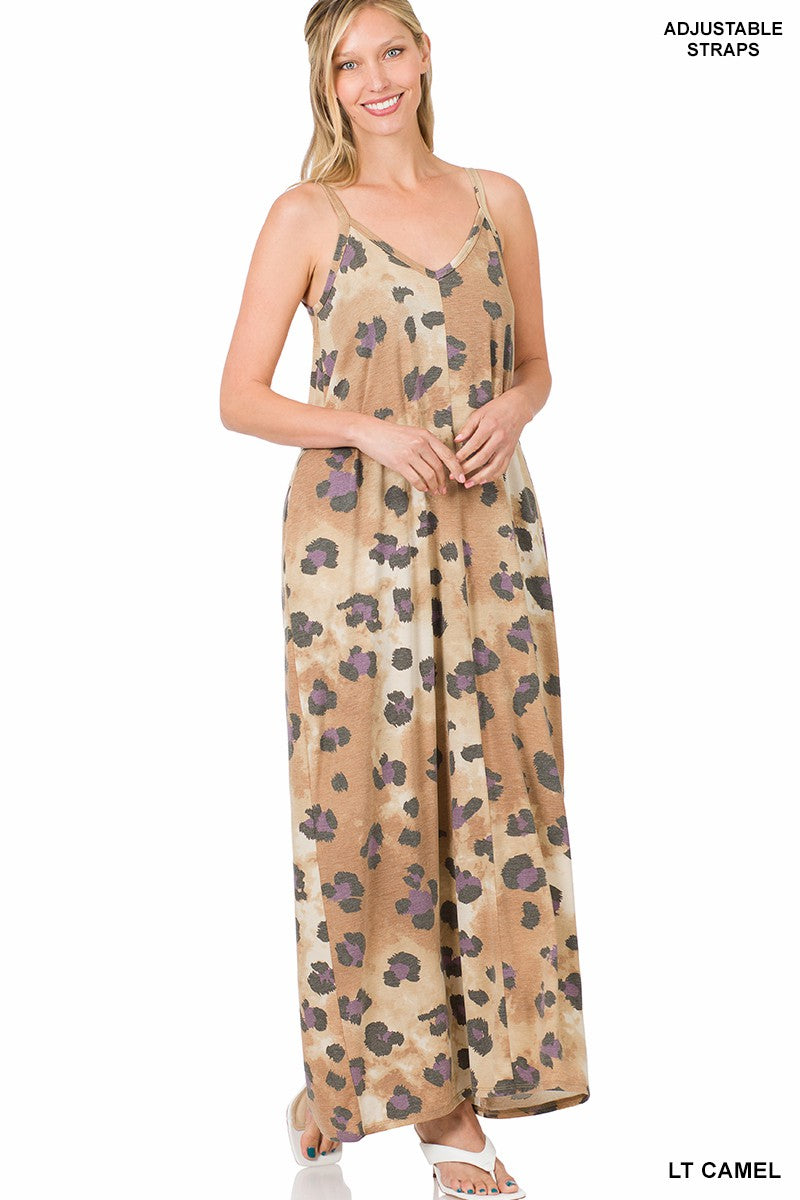 LEOPARD V-NECK CAMI MAXI DRESS WITH SIDE POCKETS
