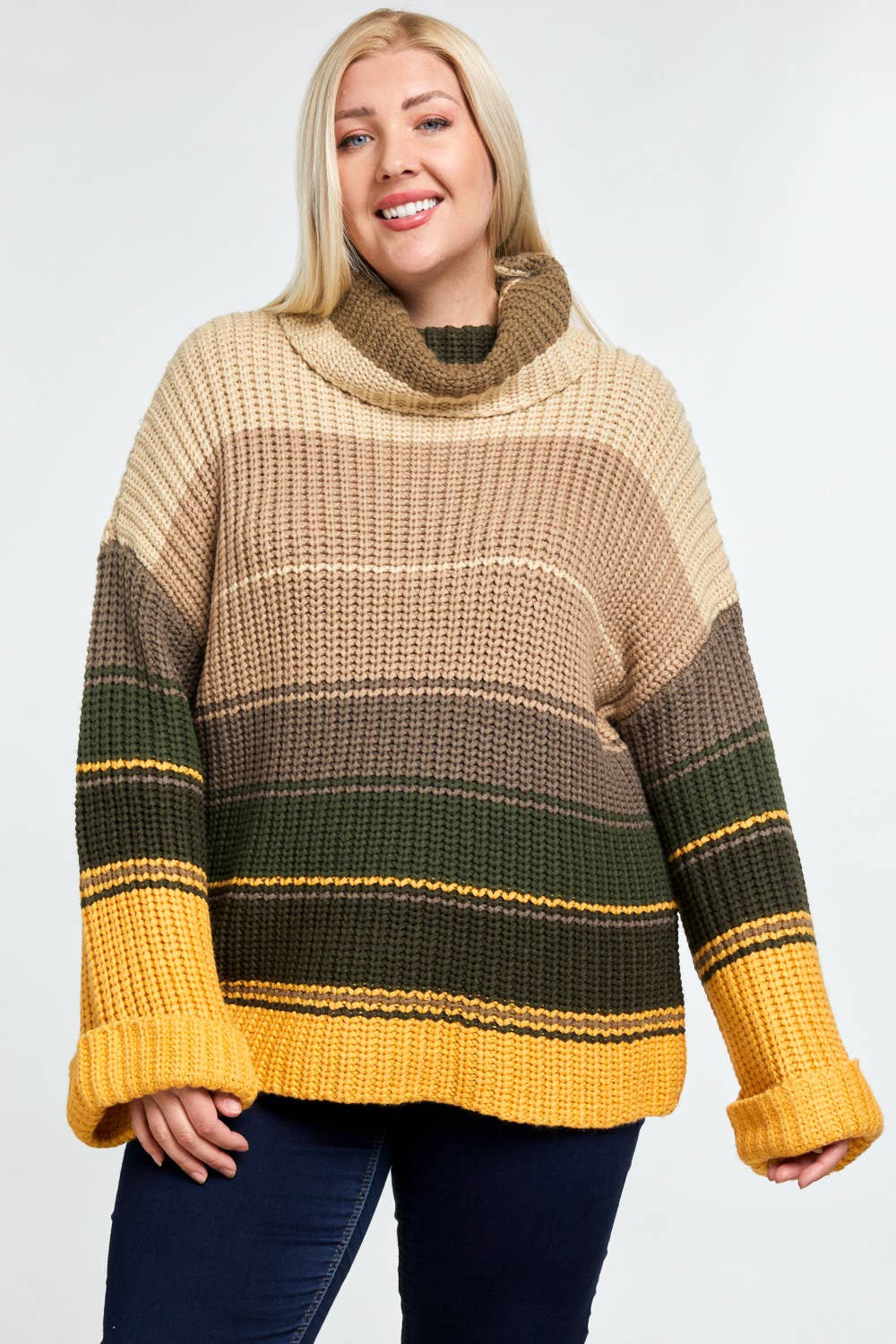 COLOR BLOCK TURTLE NECK LONG SLEEVE SWEATER