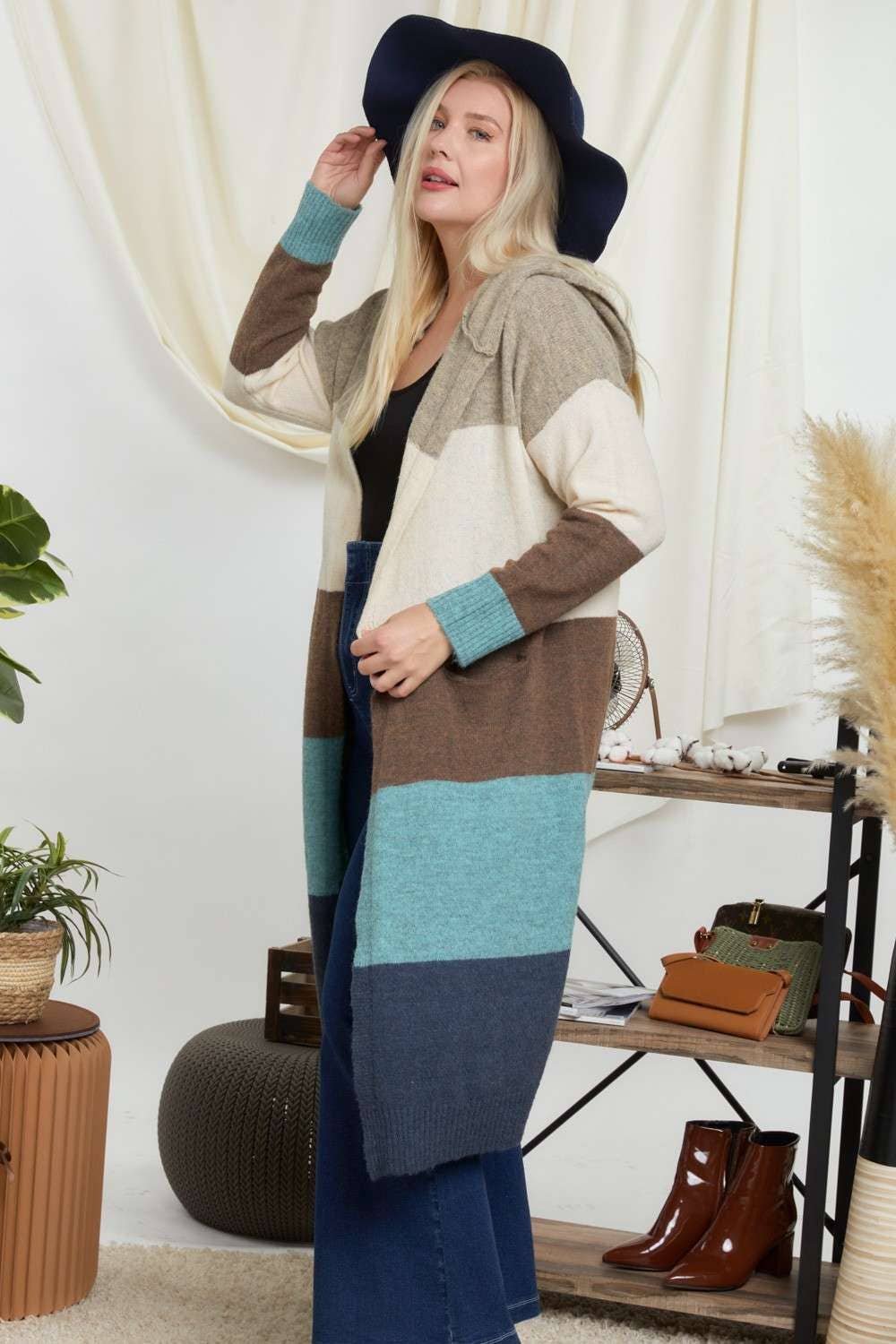 COLOR BLOCK HOODIE OPEN CARDIGAN