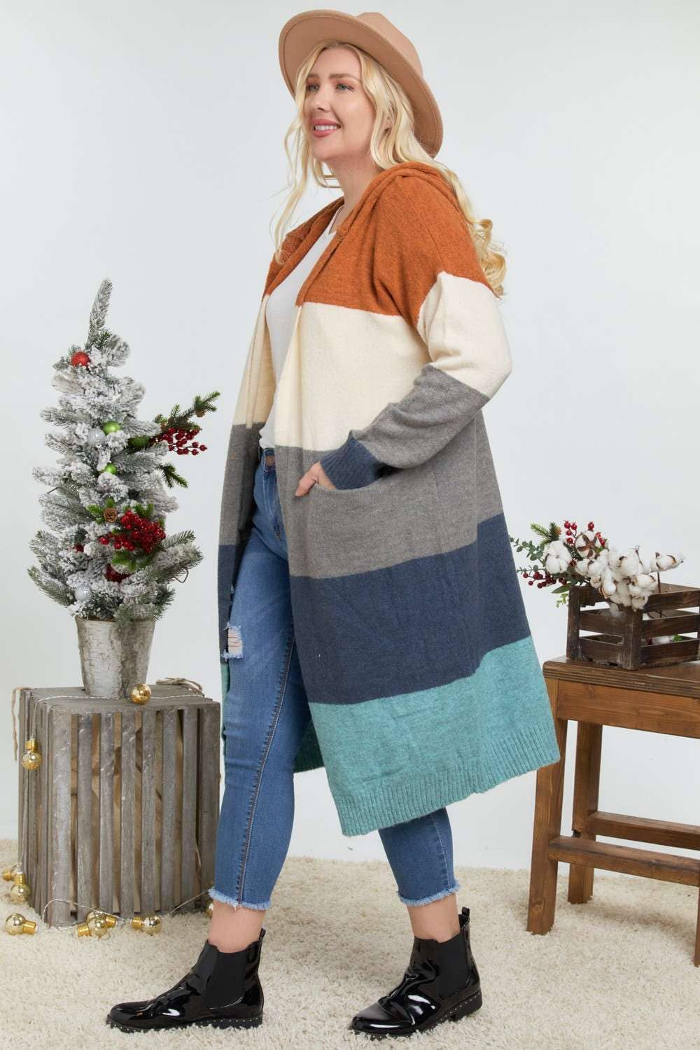 COLOR BLOCK HOODIE OPEN CARDIGAN