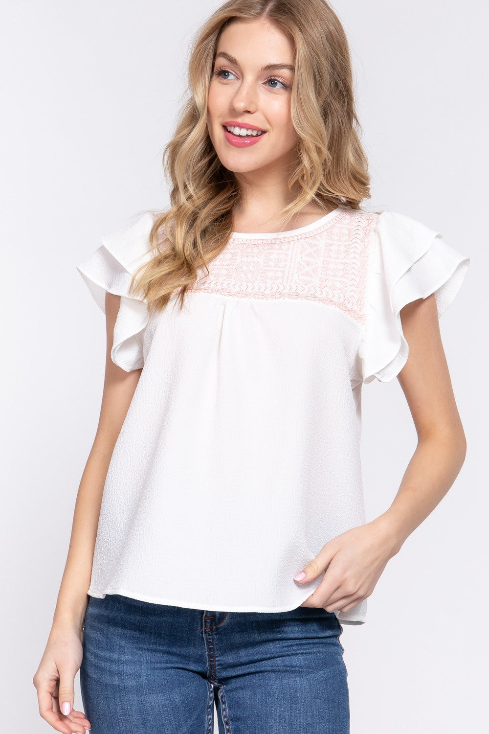 Short Ruffle Sleeve With Embroidered Top