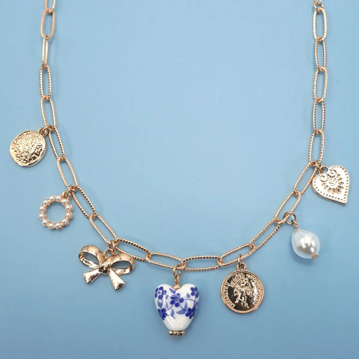 Ceramic Porcelain Bow Heart Charm Necklace