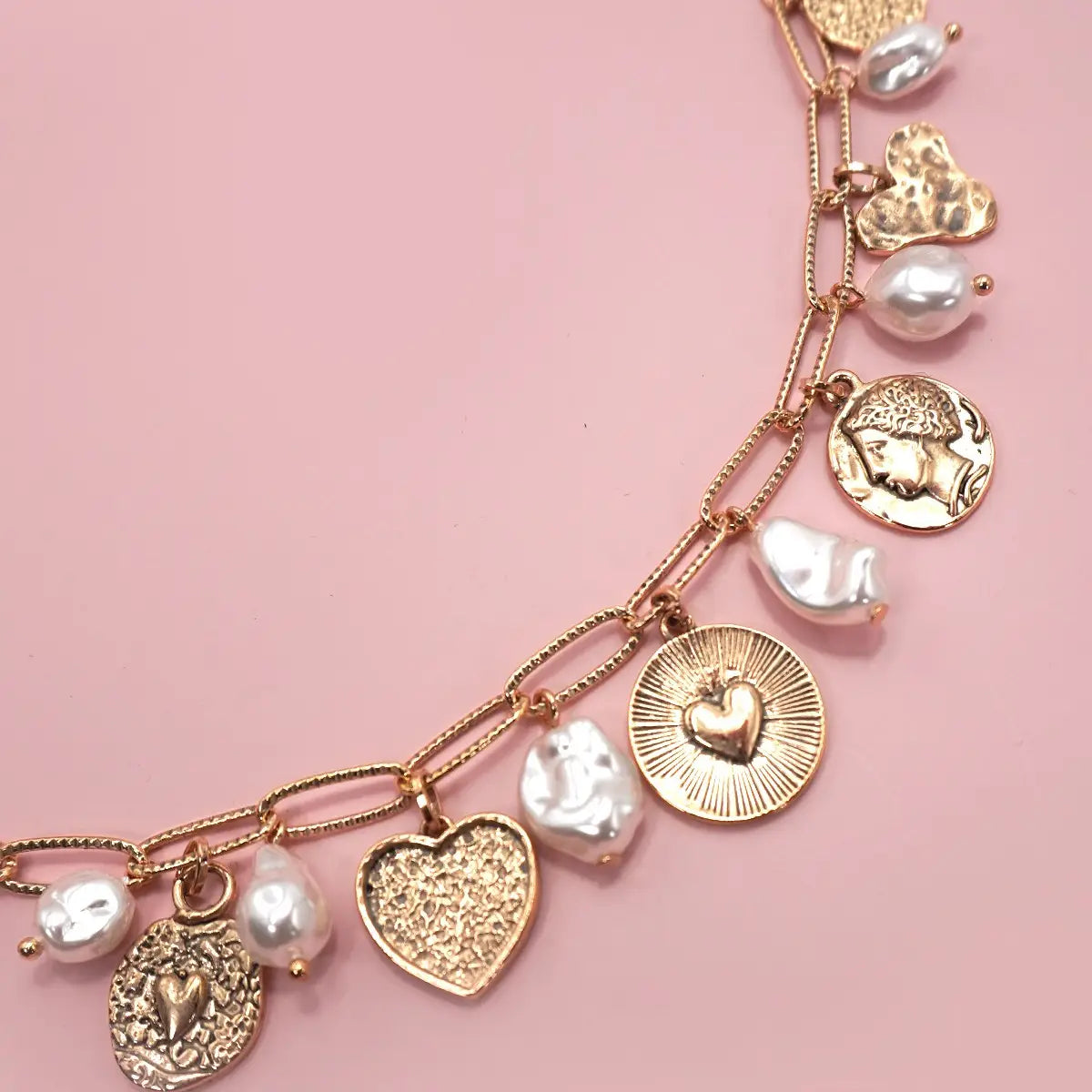 Charm Necklace Heart Pearl Coin Charms
