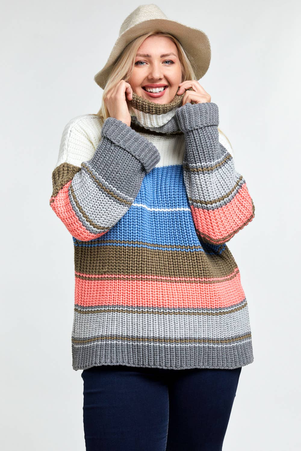COLOR BLOCK TURTLE NECK LONG SLEEVE SWEATER