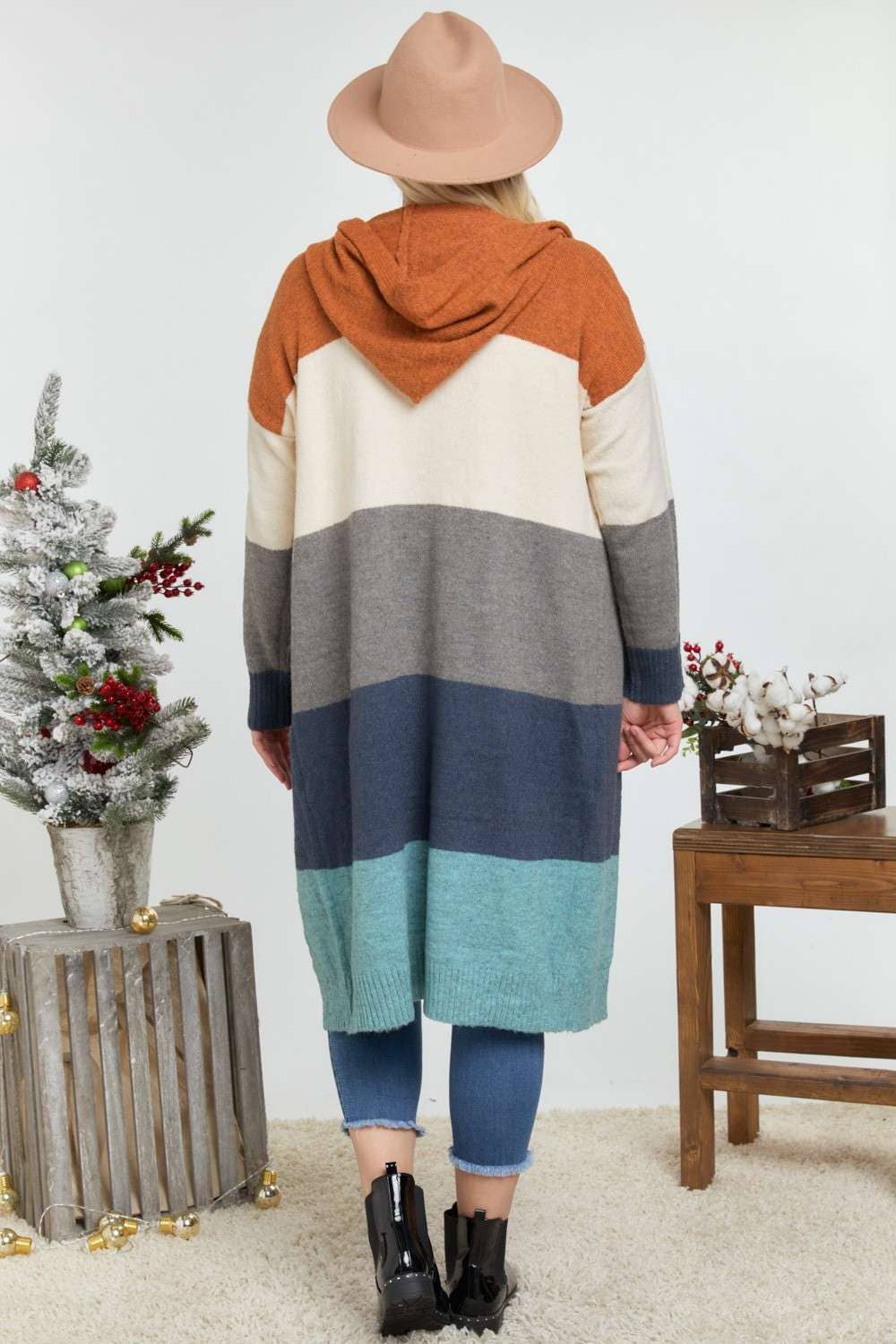 COLOR BLOCK HOODIE OPEN CARDIGAN