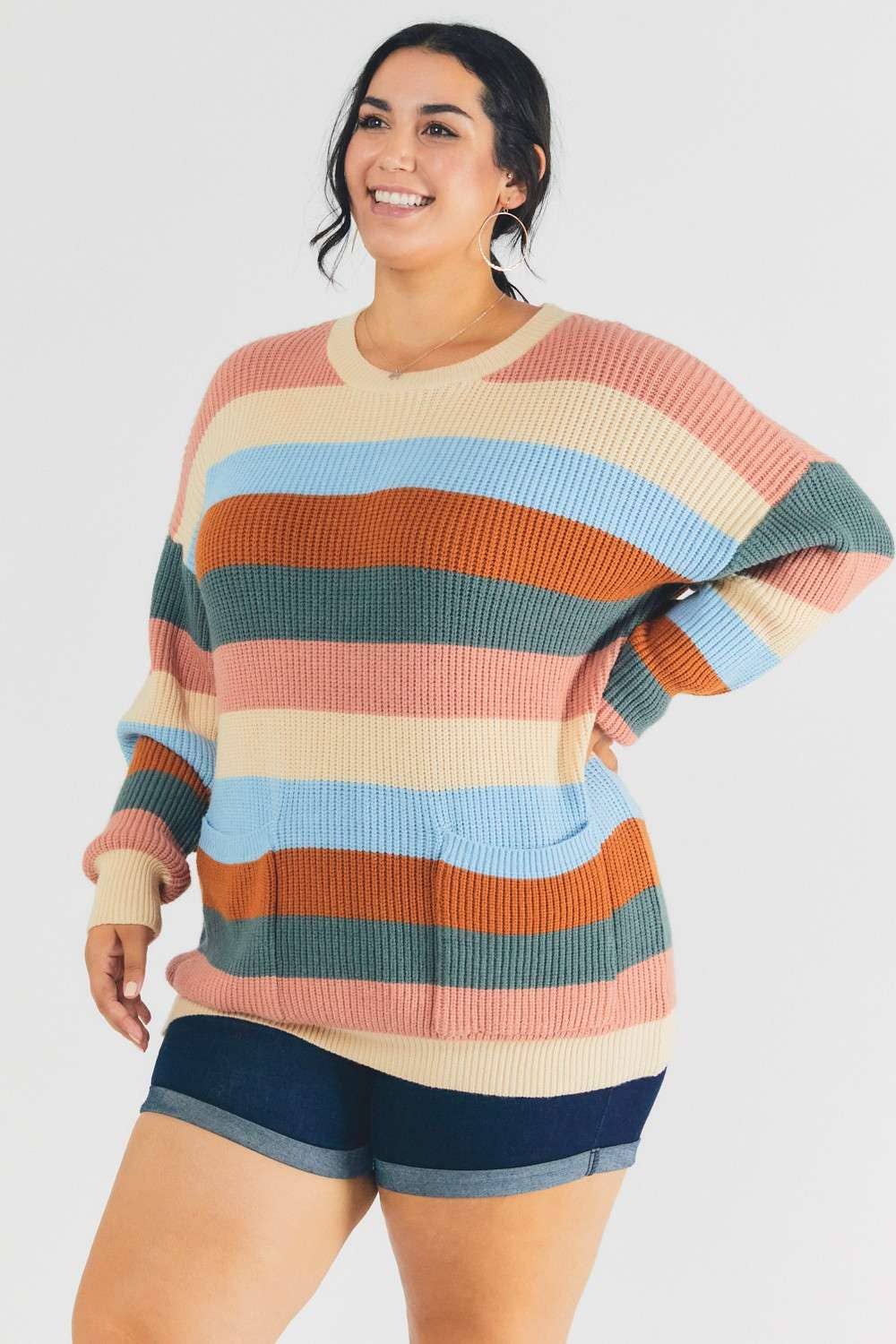 MULTI STRIPE ROUND NECK LONG SLEEVE SWEATER