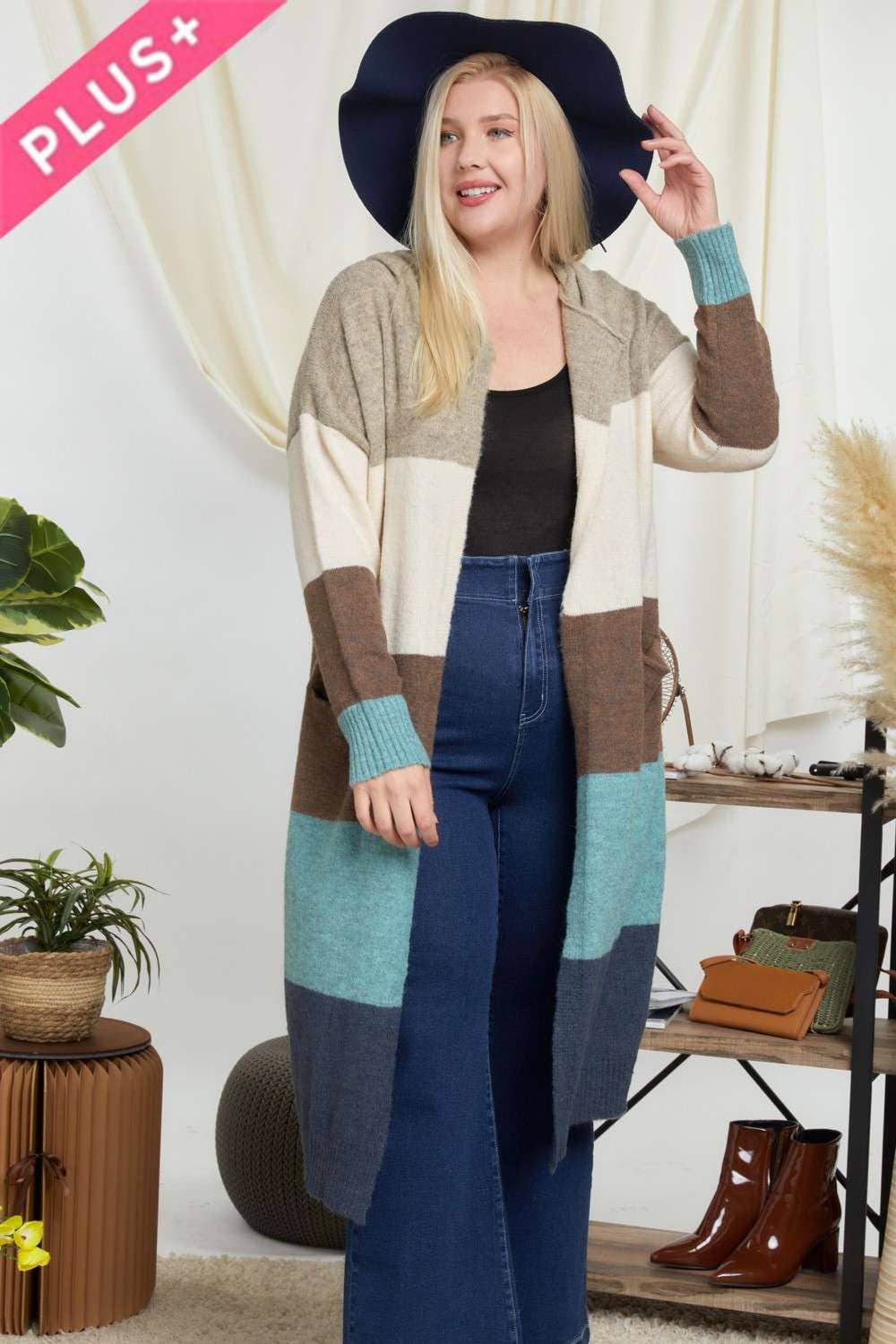 COLOR BLOCK HOODIE OPEN CARDIGAN