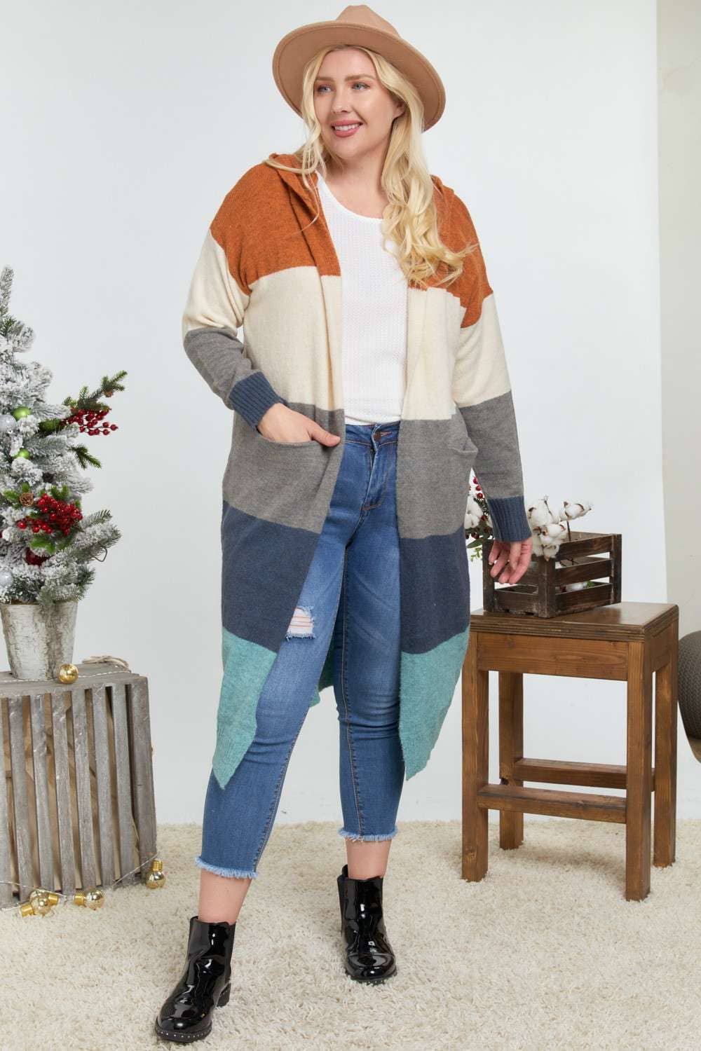 COLOR BLOCK HOODIE OPEN CARDIGAN