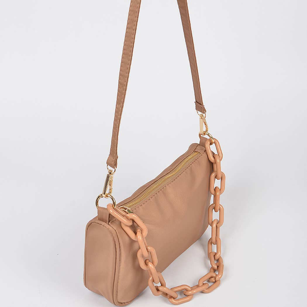 Nylon Shoulder Bag w/Acrylic Chain