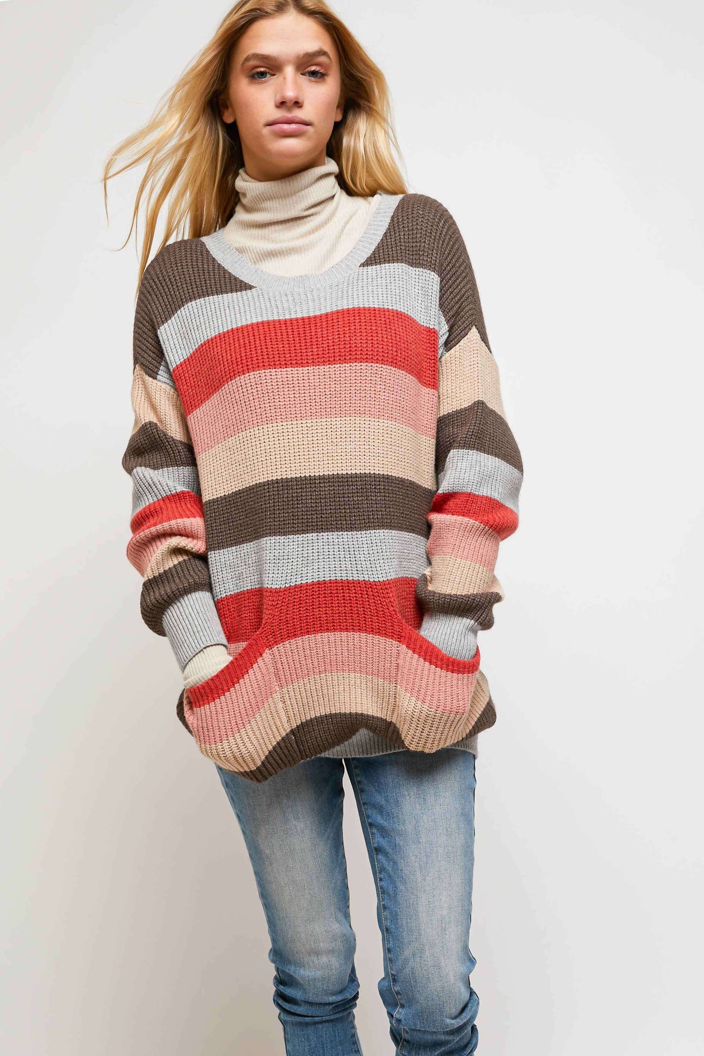 MULTI STRIPE ROUND NECK LONG SLEEVE SWEATER