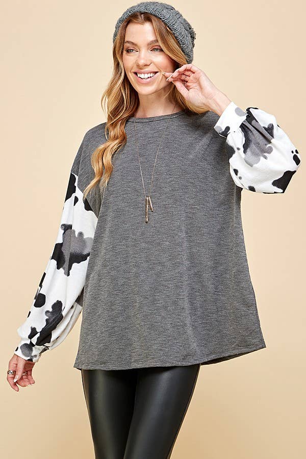 COW PRINT BLOCK LONG SLEEVE TOP
