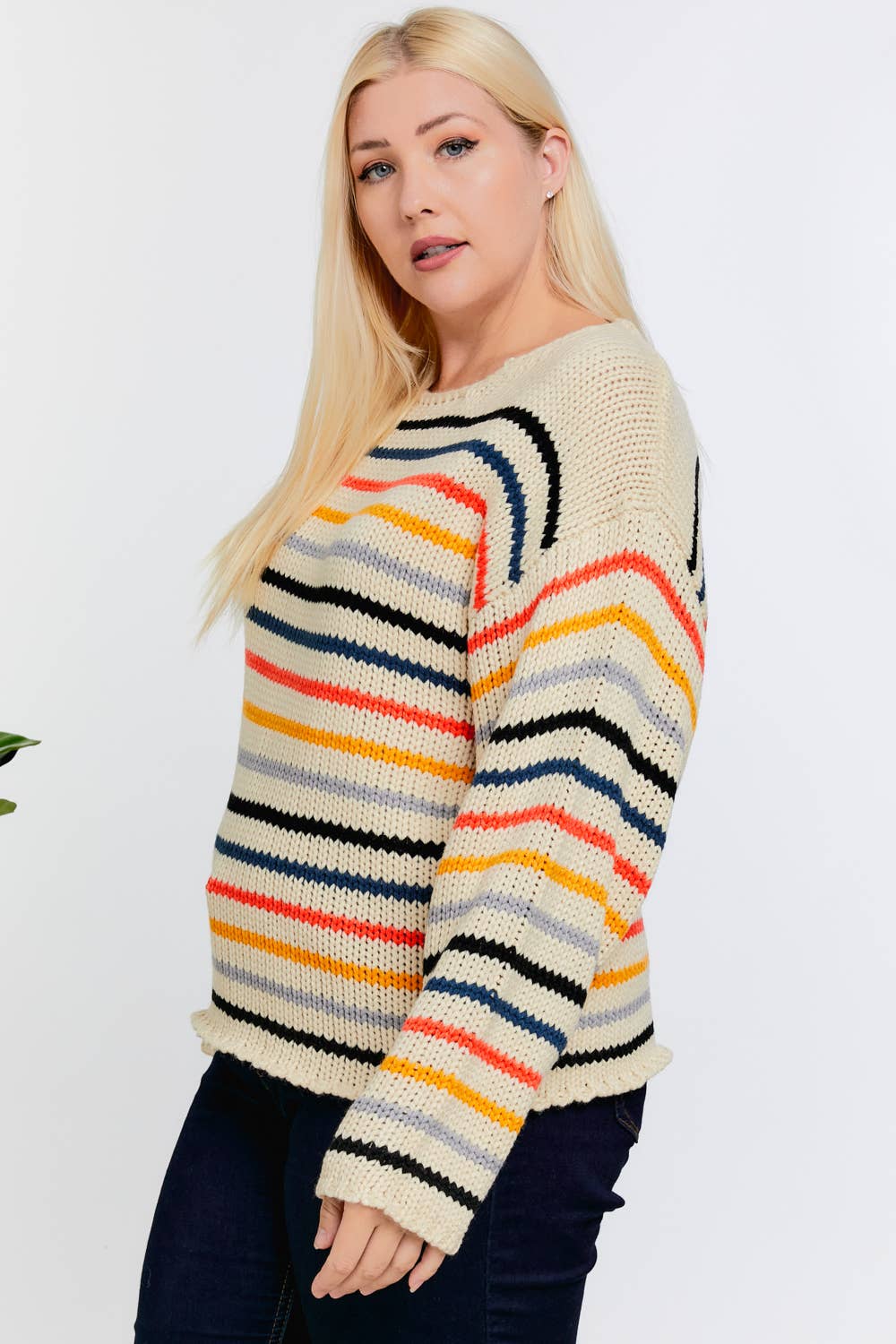 STRIPE ROUND NECK LONG SLEEVE KNIT SWEATER