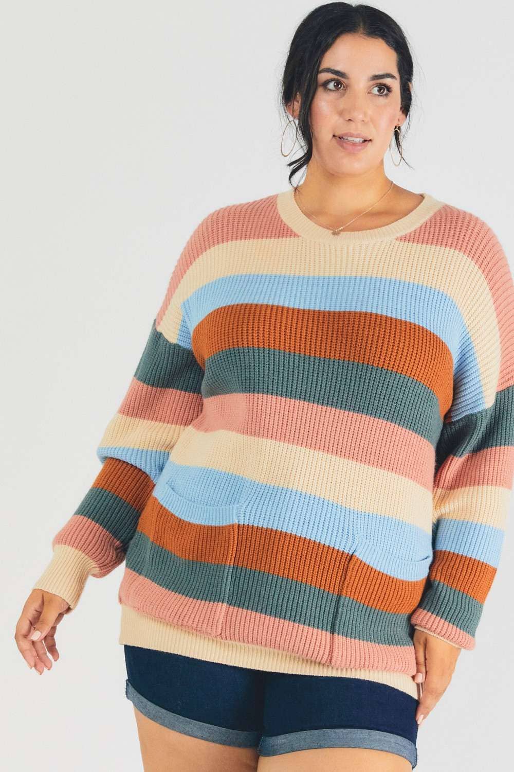 MULTI STRIPE ROUND NECK LONG SLEEVE SWEATER