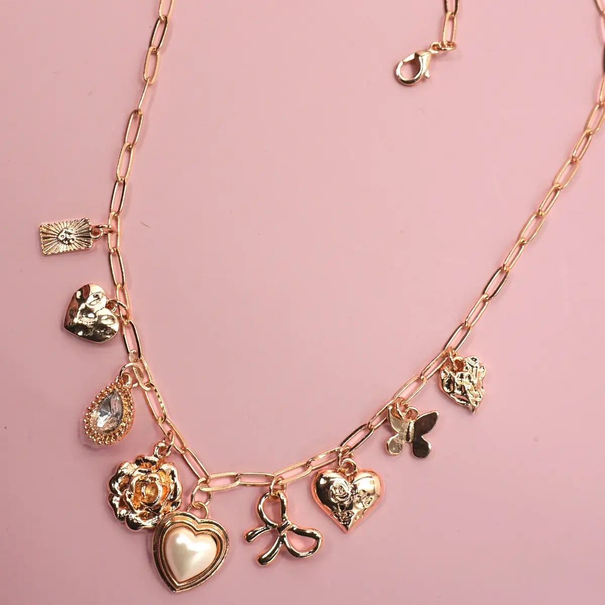 Charm Necklace Bow Heart Rhinestone Flower