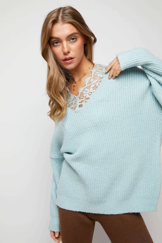 FLORAL LACE V-NECK RIBBED OVERSIZED SWEATER