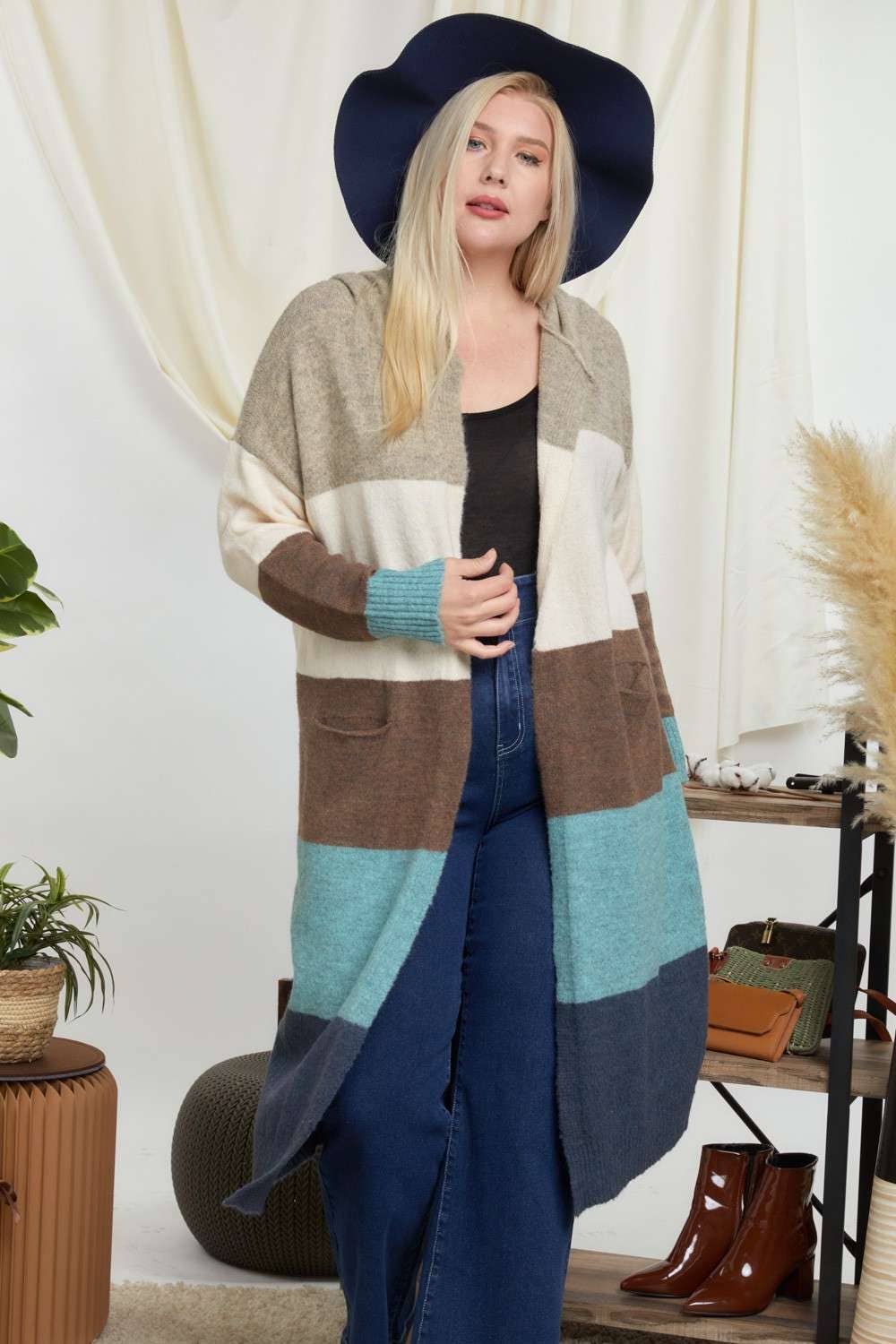 COLOR BLOCK HOODIE OPEN CARDIGAN