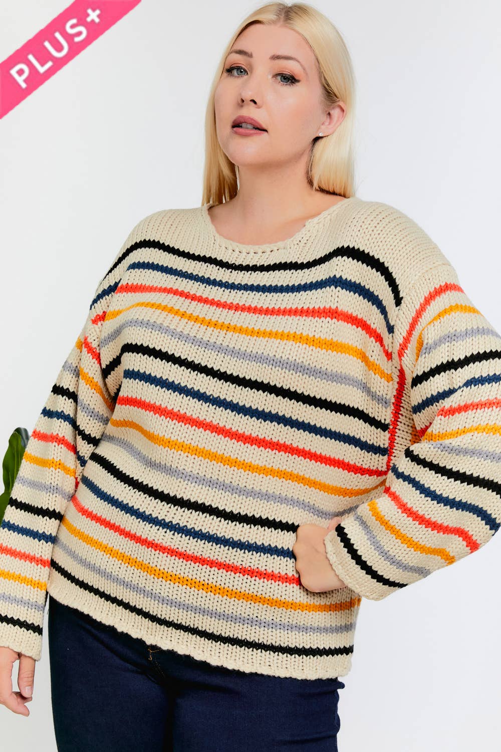 STRIPE ROUND NECK LONG SLEEVE KNIT SWEATER