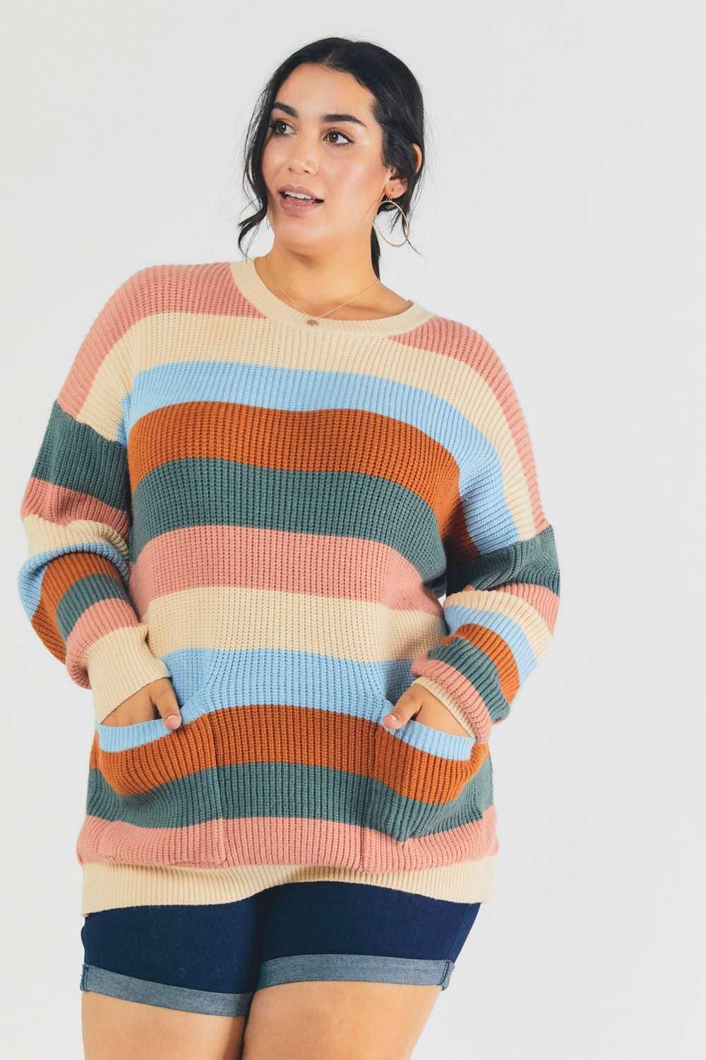 MULTI STRIPE ROUND NECK LONG SLEEVE SWEATER