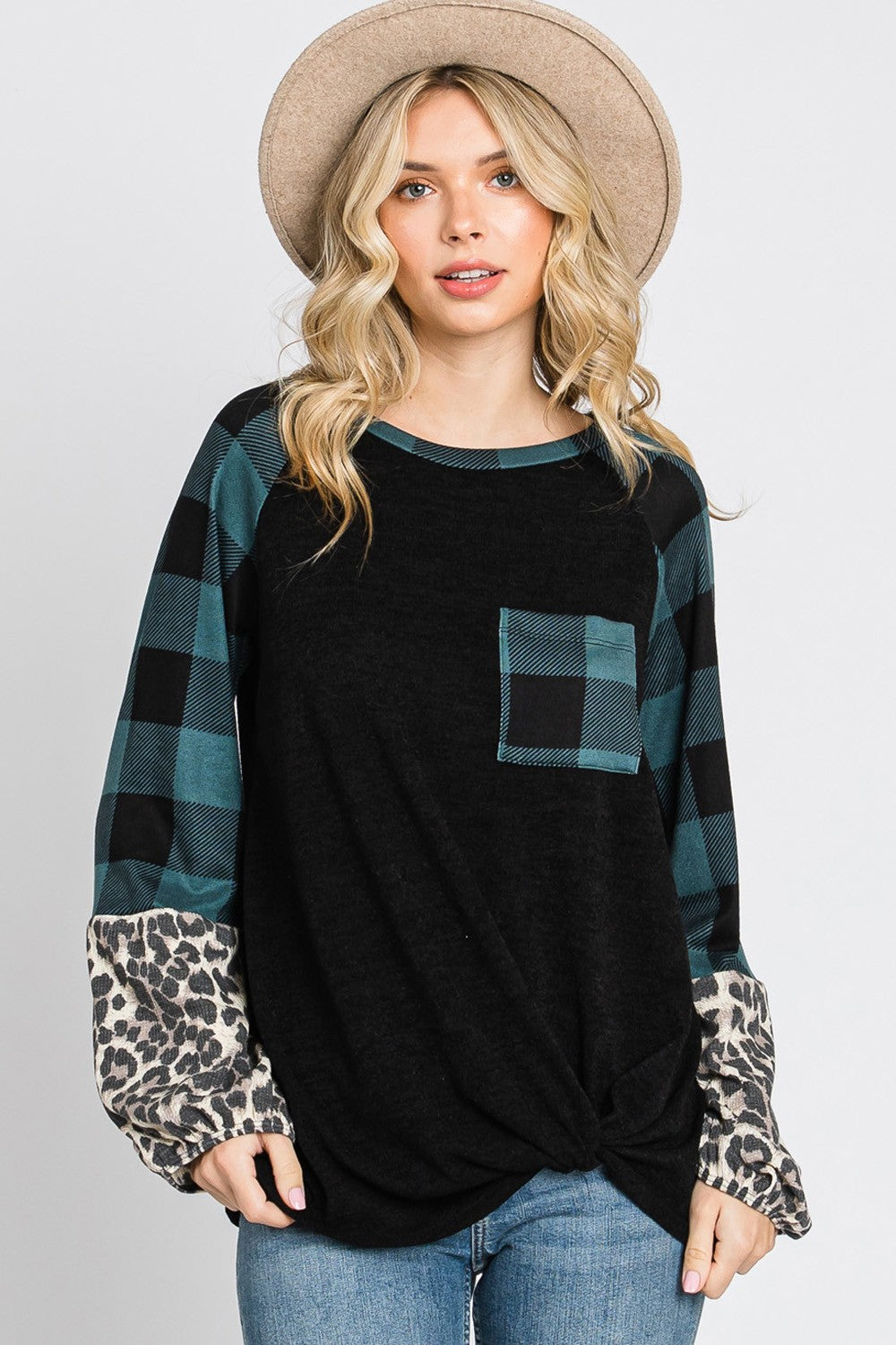 Plaid & Leopard Print Color Block Top
