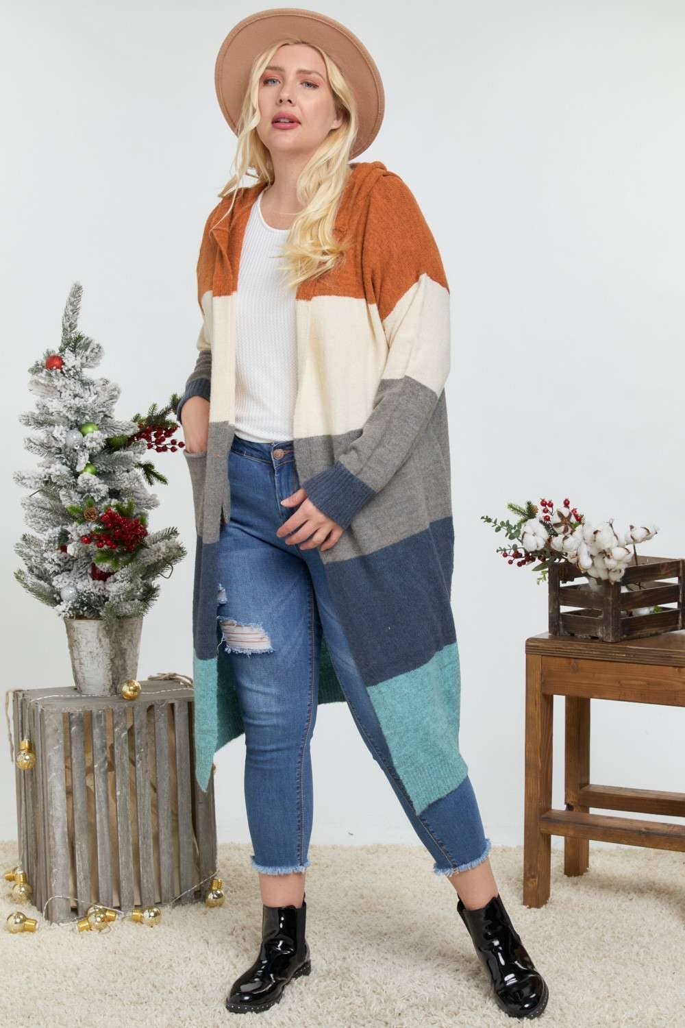 COLOR BLOCK HOODIE OPEN CARDIGAN