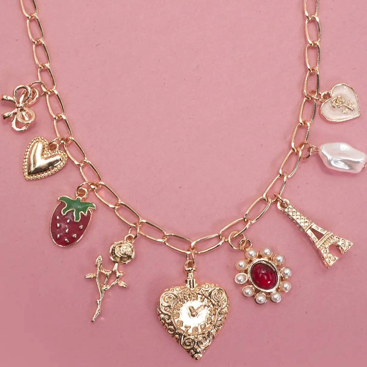 Charm Necklace Heart Bow Rose Strawberry Eiffel