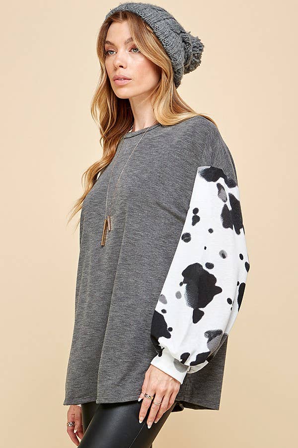 COW PRINT BLOCK LONG SLEEVE TOP