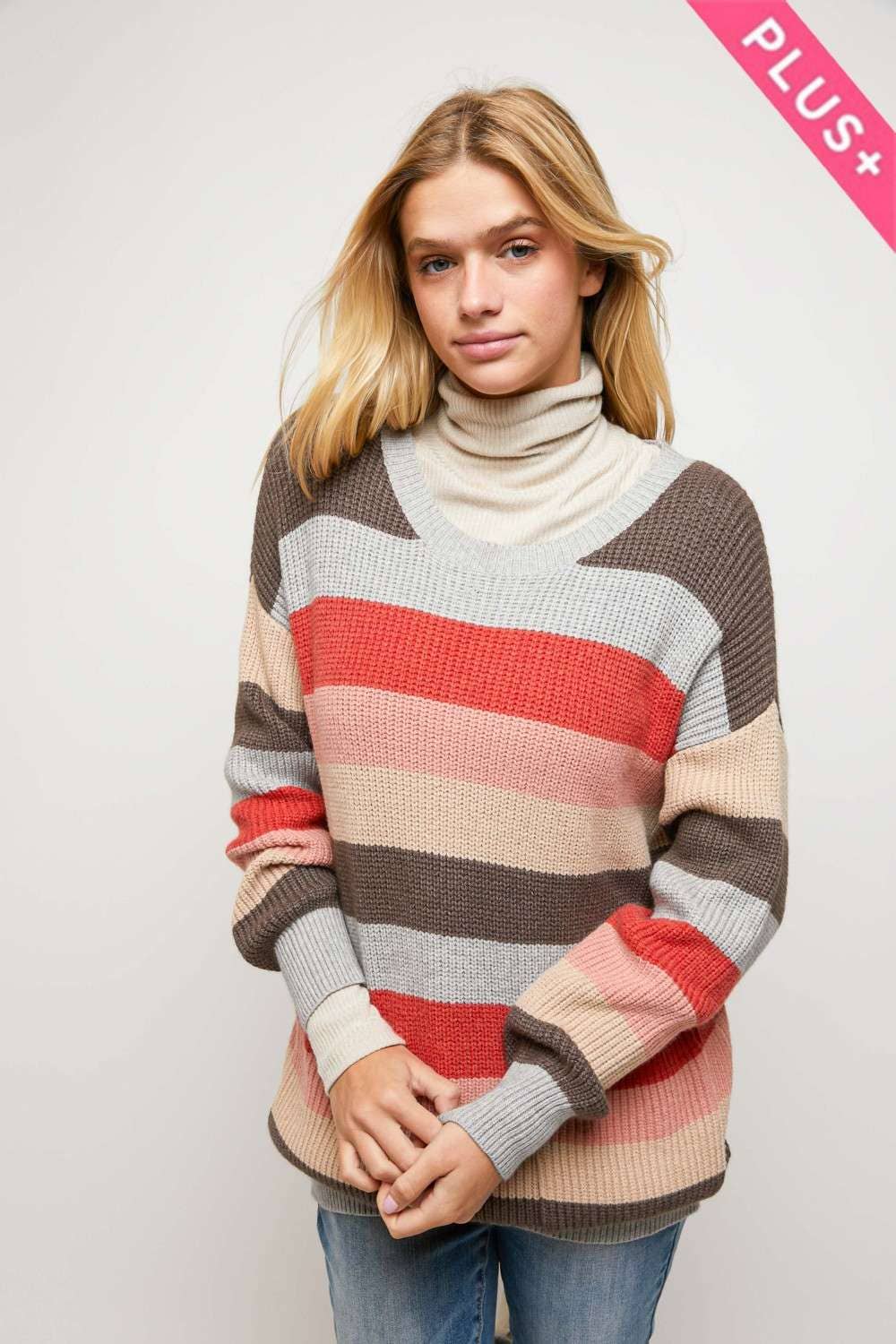 MULTI STRIPE ROUND NECK LONG SLEEVE SWEATER