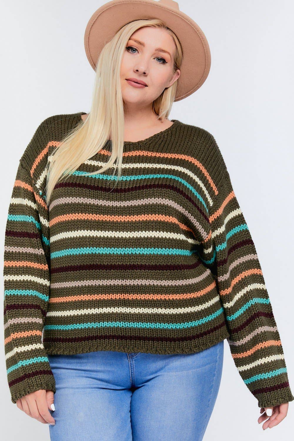 STRIPE ROUND NECK LONG SLEEVE KNIT SWEATER