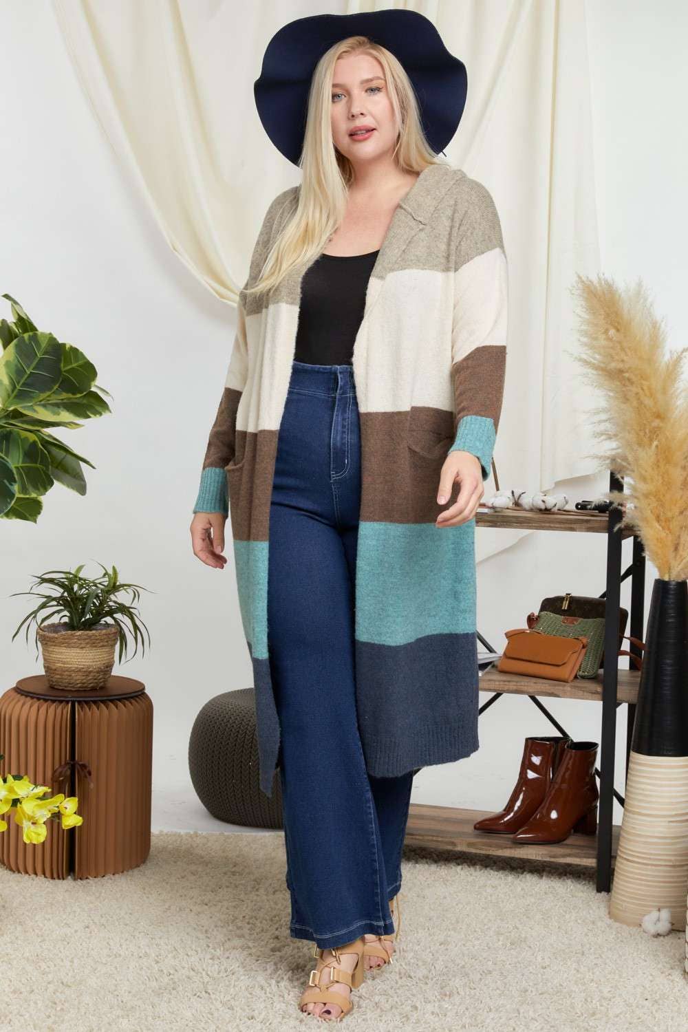 COLOR BLOCK HOODIE OPEN CARDIGAN