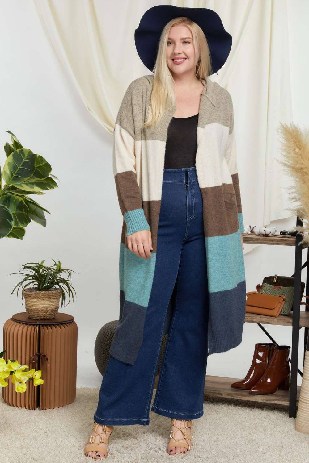 COLOR BLOCK HOODIE OPEN CARDIGAN