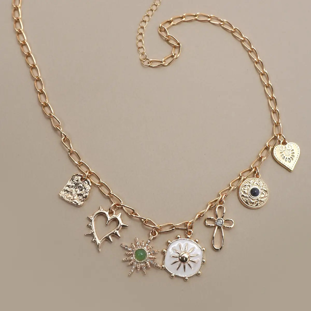 Charm Necklace Heart Cross Sunburst Stone