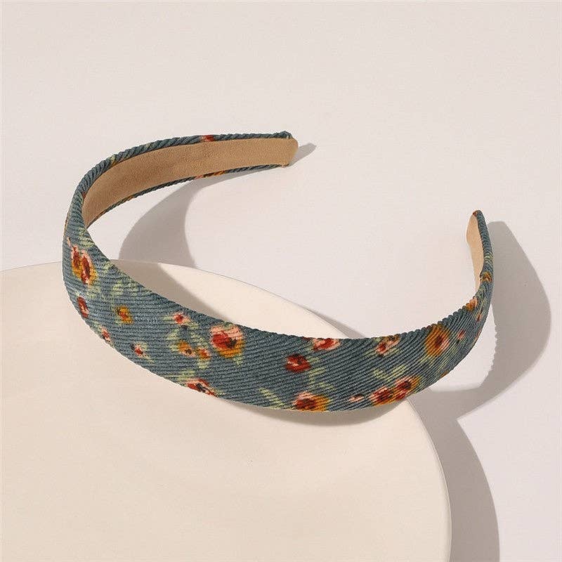 Retro Corduroy Floral Print Plaid Headband