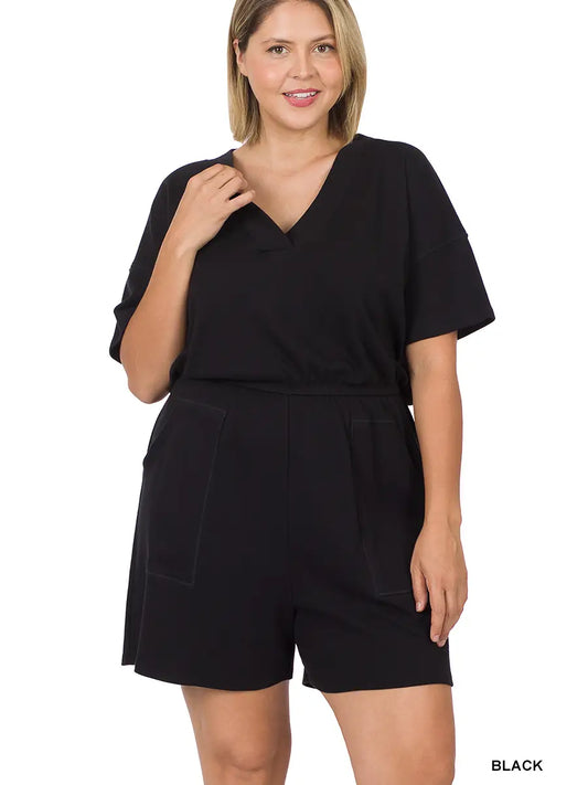 Plus V Neck Romper with Pockets