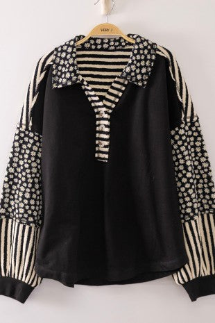 Very J Collar Sleeve Patchwork Top