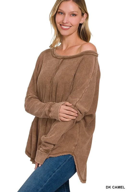 ZENANA OVERSIZED BABY WAFFLE LONG SLEEVE TOP