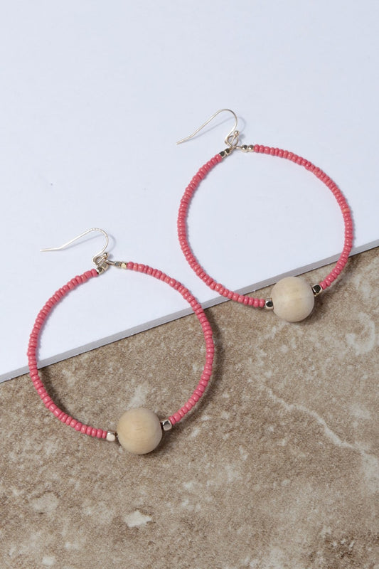 Beaded Hoop Wood Earring