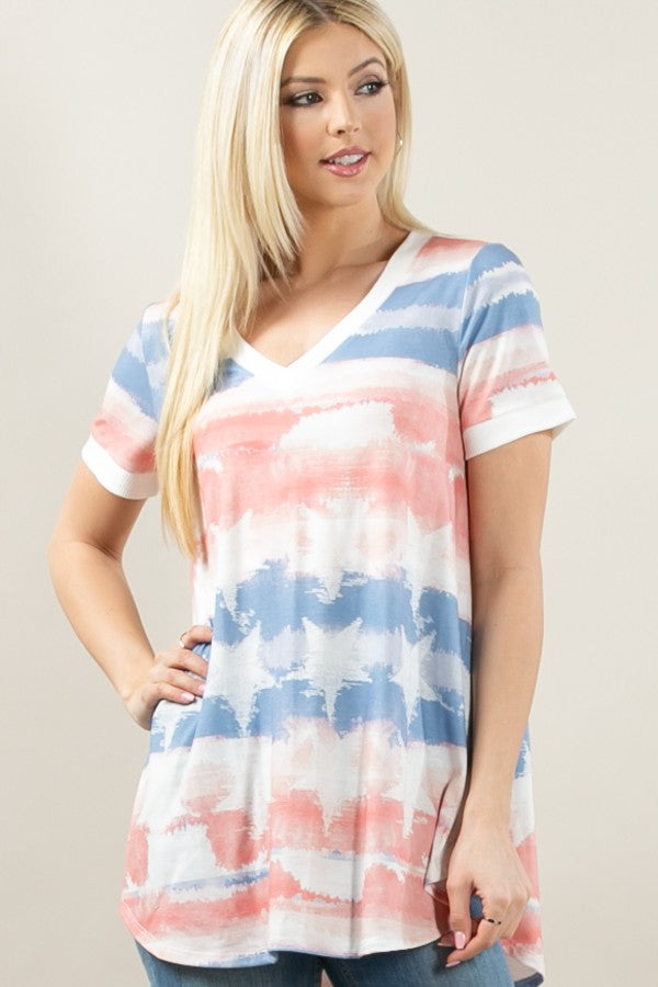 American Flag Print V Neck Top