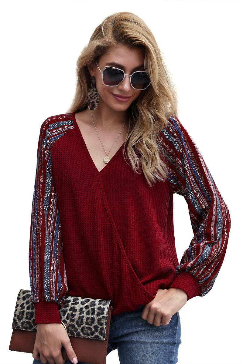V Neck Solid Long Sleeve Loose Top