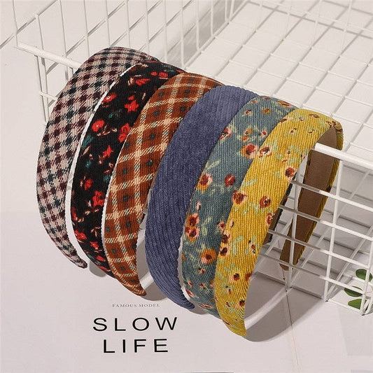 Retro Corduroy Floral Print Plaid Headband