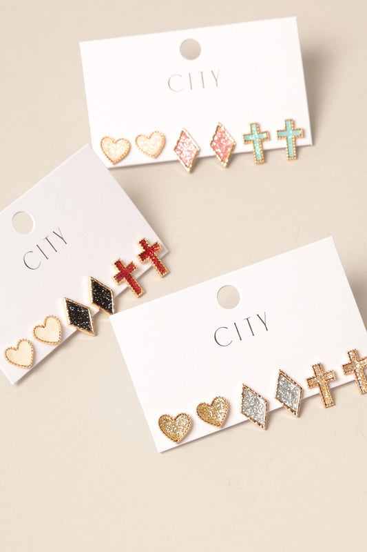 3pack Glitter Faux Post Earrings