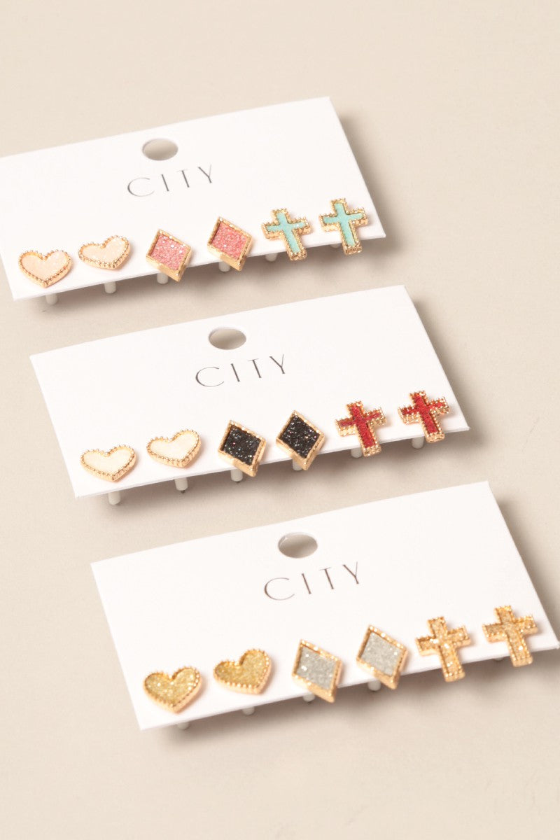 3pack Glitter Faux Post Earrings