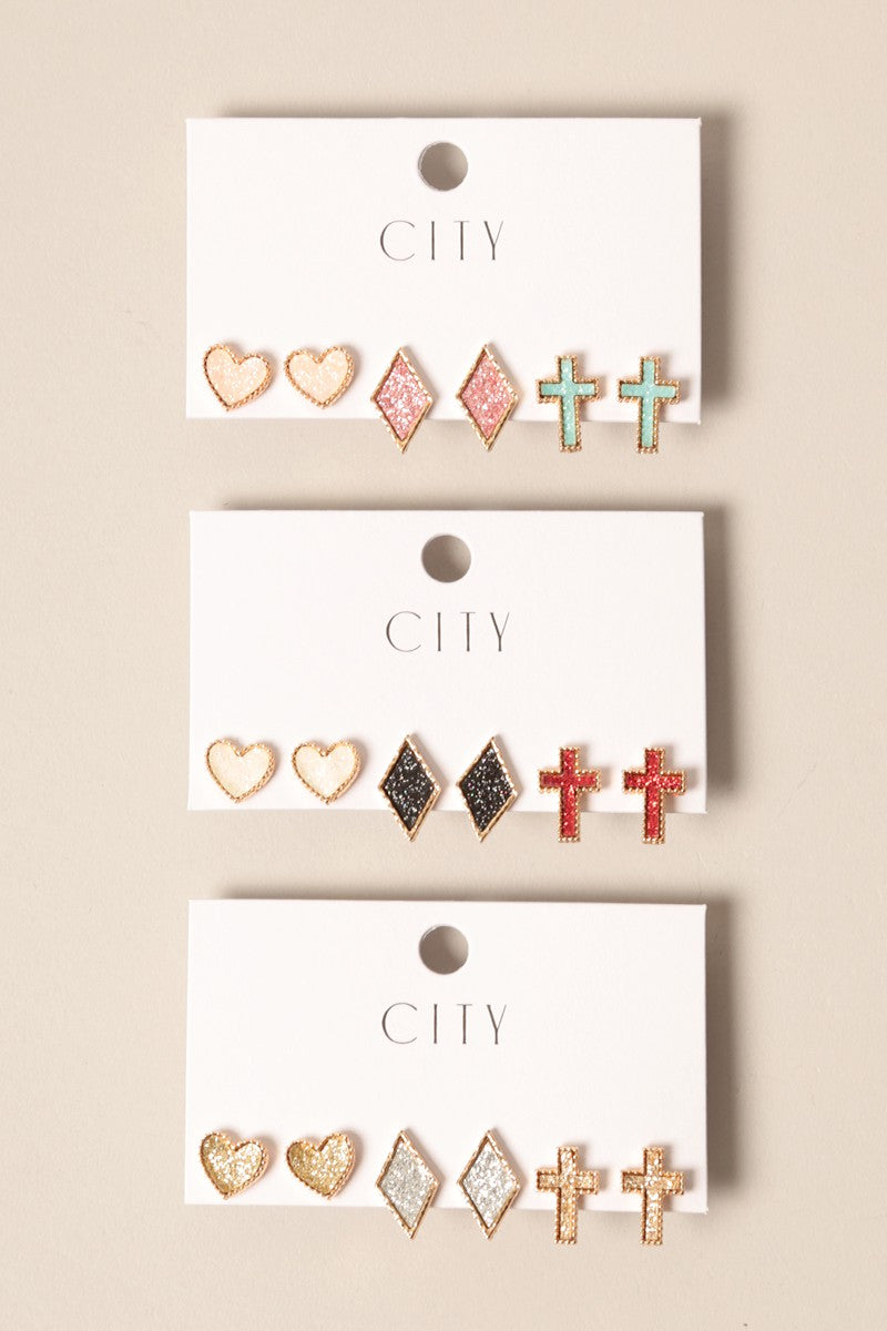3pack Glitter Faux Post Earrings