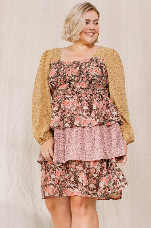Mixed Floral Print Tiered Dress