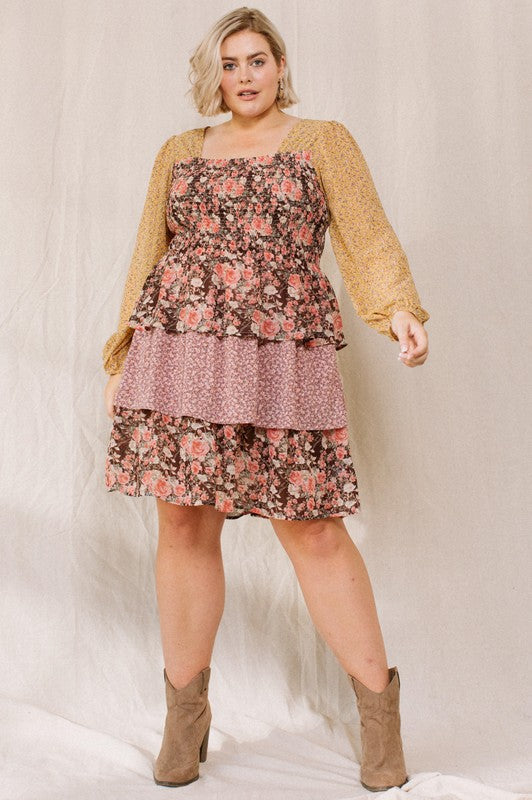 Mixed Floral Print Tiered Dress
