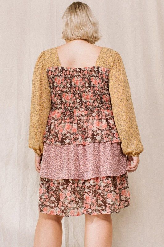 Mixed Floral Print Tiered Dress