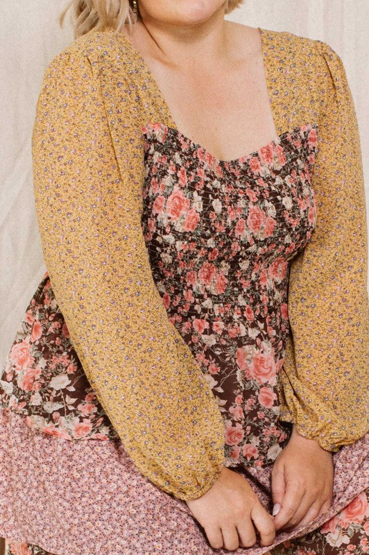 Mixed Floral Print Tiered Dress
